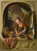 unknow artist, A young woman cleaning pans at a draped stone arch.